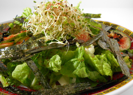 spicy sirrachi seasoning with asian lettuce and shredded seaweed strips