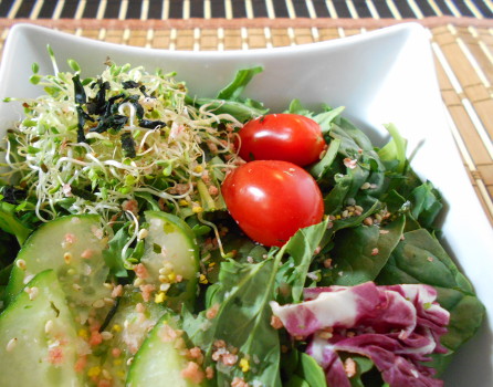 vege greens dish, mixed greens with wakame flakes, ginger dressing
